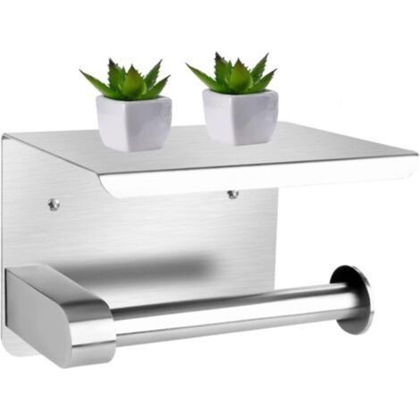 Silver Wall-Mounted Toilet Paper Holder with Shelf, No-Drill, Self-Adhesive Stainless Steel Toilet Roll Holder for Bathroom and Kitchen (1/5)