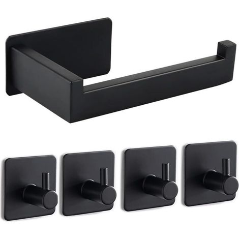 Porte-papier toilette sans perçage, porte-papier toilette autocollant, porte-rouleau de papier toilette en acier inoxydable avec 4 crochets pour serviettes pour cuisine et salle de bain, noir (1/4)