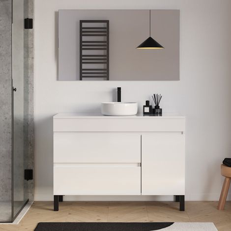 Meuble de salle de bain 120cm avec plateau et vasque à poser ronde - porte et tiroirs - blanc brillant - LAZARO (1/5)