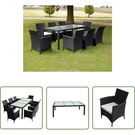 The Living Store 9-tlg. Garten-Essgruppe mit Auflagen Poly Rattan Schwarz - Gartenmöbelset - Esstisch - Rattan Gartenmöbel - Outdoor Möbel - Gartentisch (1/5)