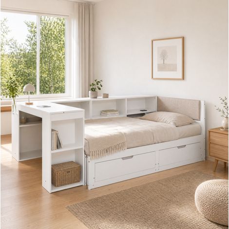 Bett mit Schreibtisch Holzwerkstoff Mattweiß 90x200 cm, ausziehbar bis 180x200 cm, mit 2 Schubladen und Lattenrost (1/5)