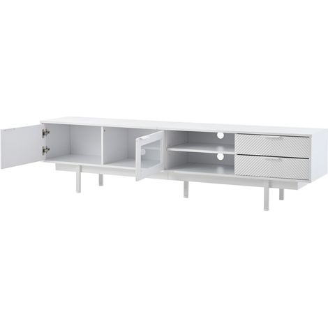 Meuble TV blanc moderne 200x40x50,5 cm avec 2 portes et 2 tiroirs, support jusqu'à 45 kg, adapté pour téléviseurs 80 pouces (1/5)