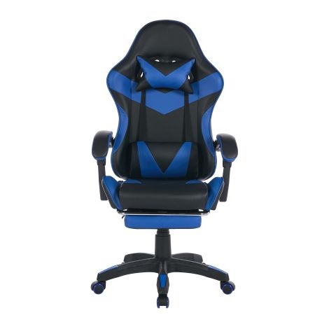 Fauteuil de bureau ergonomique  Chaise de gaming pivotante avec repose-pieds, appui-tête et soutien lombaire – En cuir,Noir +BLeu (1/5)