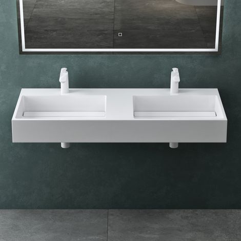 Mai & Mai Waschbecken Aufsatzwaschbecken Hängewaschbecken Col12 Doppelwaschbecken 120x48x13cm in weiß aus Mineralguss ohne Überlauf (1/5)