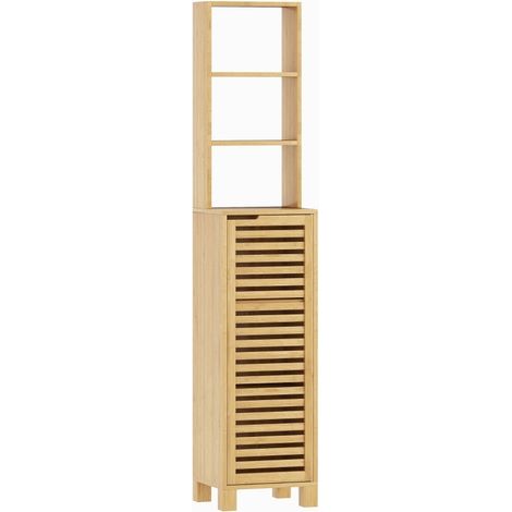 Colonne de salle de bain en bambou naturel avec 3 étagères ouvertes et porte à lamelles, 34 x 30 x 170 cm (1/5)