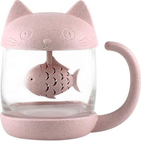 Tasse à thé en verre de chat Boîteille d'eau-Avec filtre de filtre à infusion de pain de poisson 250 ML (8 oz) (Rose)-Fei Yu (1/5)
