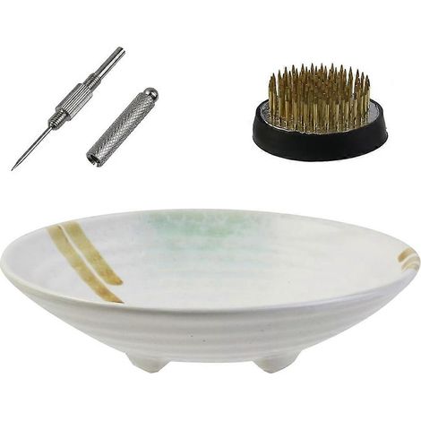 Ikebana-Vasen-Set, Keramik-Ikebana-Schale und Kenzan-Blumenständer aus Metall, mit grünem Nadelglätter (1/5)