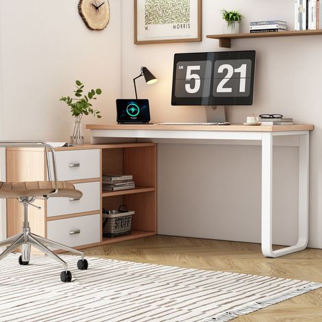 Bureau moderne 160x80 cm avec 3 tiroirs et 2 niches, structure acier, plateau épais, naturel (1/5)