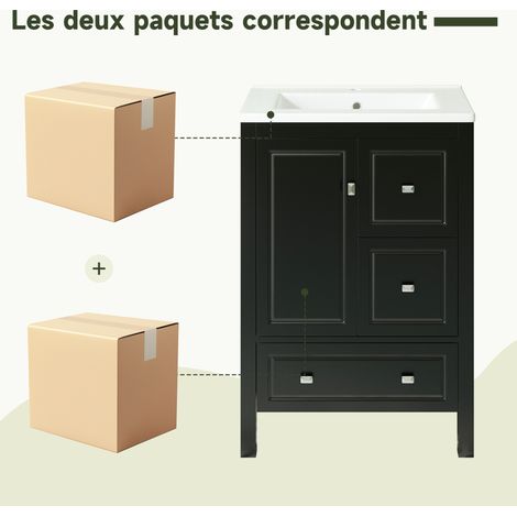 Meuble vasque noir 62 x 47 x 90 cm en MDF avec vasque en céramique, 3 tiroirs et 1 porte, pour salle de bains et toilettes (1/5)