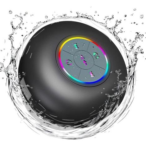 Waterproof Bluetooth shower speaker with LED, mini portable wireless hands-free speaker IPX4, built-in microphone and suction cup (black) (1/4)