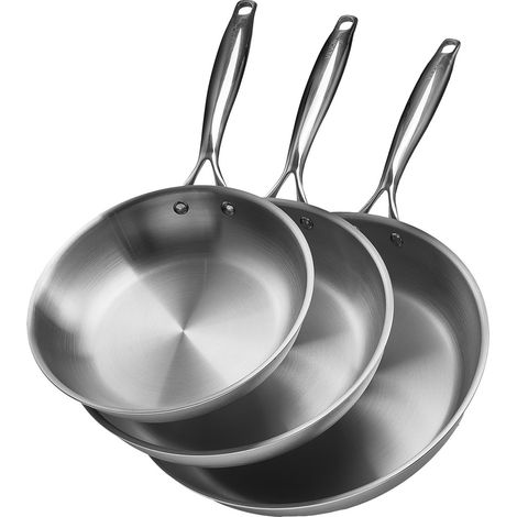 Poêle en Acier Inoxydable 3PCs 24/28/32 cm, Sauteuse avec Poignée Résistante à la Chaleur, Ustensiles de Cuisine Restaurant, pour Gaz, Électrique, Induction, Passe au Lave-vaisselle, Argent (1/5)