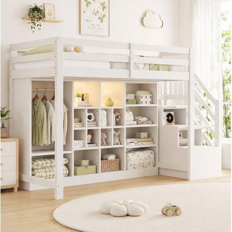 CHICFURN Cama alta 90x200 cm de madera blanca con almacenaje y LED, para dormitorio (1/5)
