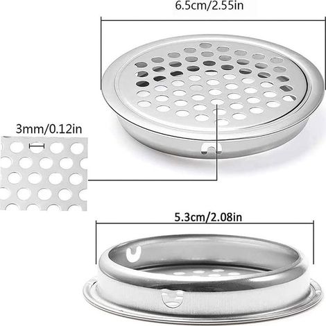 Set mit 10 runden Lüftungsgittern aus Edelstahl für Bad, Küche, Schränke, Schuhschränke, 53 mm (1/5)