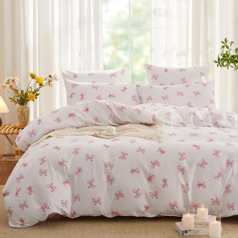 Housse de Couette 220x240+2 Taie d'oreiller 65x65cm Blanc Rose Noeud Papillon Parure de lit 2 Personnes Fleurs Adulte Sets de Housse Couette en Microfibre avec Fermeture Éclair (1/5)