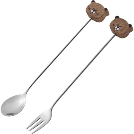 Ensemble de 2 pièces : fourchette et cuillère en acier inoxydable, motif ours en noyer. Peut servir de cuillère à café, de cuillère à miel, etc. (voir photo). (1/4)