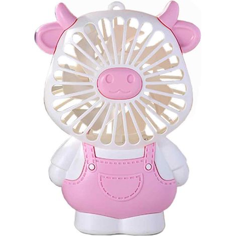 Mini-Ventilator in Tierform, pink, USB-aufladbar, 2 Geschwindigkeitsstufen, rutschfester Standfuß, mit Kabel und Licht. Ideal als Geschenk für Studenten. Kuh-Design. (1/5)