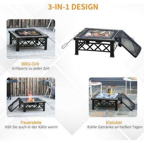 Lot de 3-en-1 Brasero Foyer avec Pare-étincelles, Grille de Cuisson, Seau à Glace, Jardin BBQ Noir 76x76x47cm (1/5)