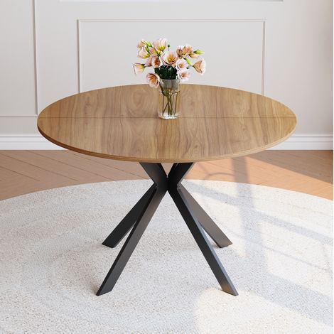 Table à manger ronde MDF aspect noyer et métal noir, Ø110x75 cm (1/5)