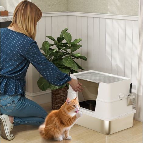 Arenero para gatos de acero inoxidable XL con pala, gris claro, OKWISH (1/5)