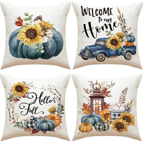 (Pumpkins and Cars) Set of 4 Pumpkin Pillowcases 45 x 45 cm, Thanksgiving Pillowcases, Autumn Decorative Pillowcases, T (1/5)