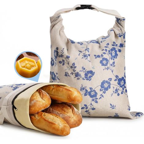 Abielle Wax Bread Bags, Reusable Linen Bread Bags, Keep Bread Fresh Large Safe Freezer Containers Eco-Friendly (43 x 13 cm, Pack of 2) (Blue Flower, Zipper) (1/5)