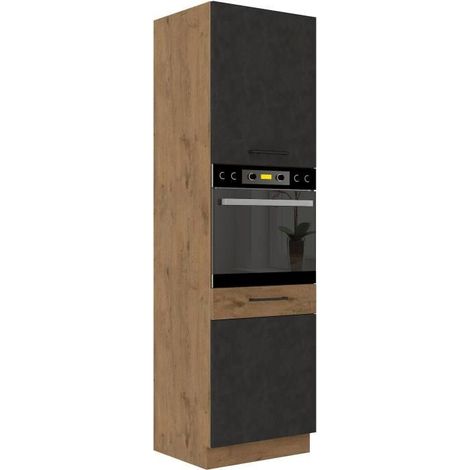 Colonne de cuisine mélaminé chêne lancelot et gris matera – 2 portes – 4 étagères – L60 x H210 cm – Rangement optimal