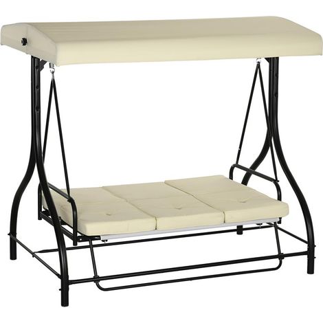 DONDOLO DA GIARDINO 3 POSTI CON TETTUCCIO REGOLABILE. IN METALLO E TESSUTO TESLIN. BEIGE E NERO (1/5)