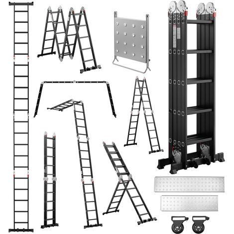 STANEW Scala Multiuso in Alluminio 5,8M, Scala Articolata Pieghevole Multifunzione Alluminio 4 x 5 Gradini con Mensola, Piattaforma, 2 Ponteggi, Nero (1/5)