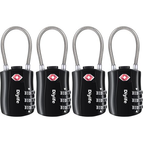 Cadenas de bagage TSA 4 pièces, serrure à combinaison 3 chiffres, câble noir