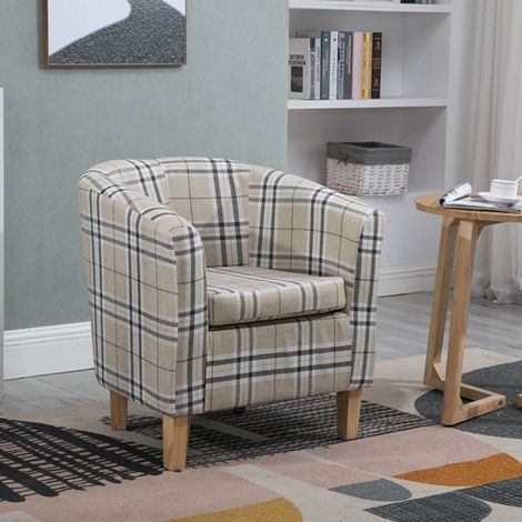 WestWood Linen Fabric Sofa Armchair Office Reception Tub Chair Living Room Cream Checked