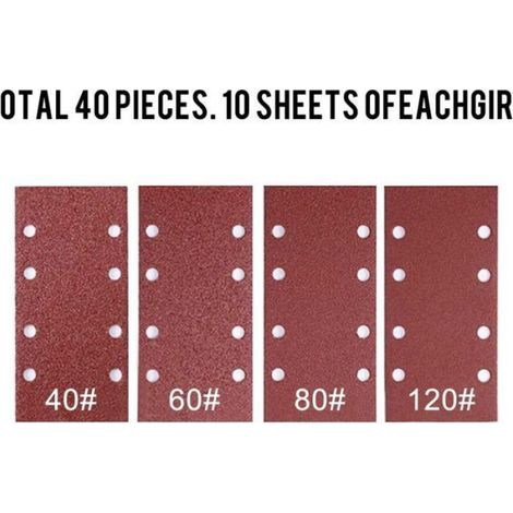 Papier de Verre - 40 Feuilles 93 x 185 mm - 8 Trous - Pour Ponceuses Excentriques - Grains 40 60 80 120 (1/5)