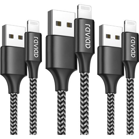 Câble iPhone Chargeur iPhone, [2m/Lot de 3] Câble Lightning Nylon Tressé Câble Charge Rapide pour iPhone 14/13/12/11/Pro/X/XS/XR/8/8 Plus/7/7 Plus/6s/6s Plus/6/6 Plus/SE/5s/5 - Noir (1/5)