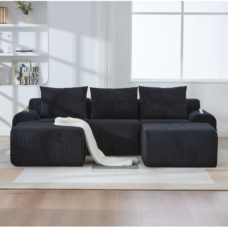 Divano modulare 3 posti in velluto a coste nero con 2 pouf, portabicchieri e tasca laterale, 268x174x66 cm (1/5)