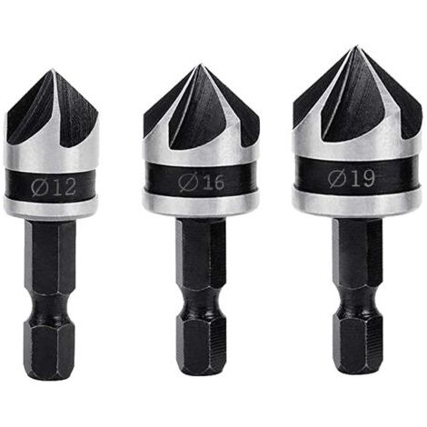 3PCS Fraises à Chanfreiner 90 Degrés 5 Flûte Fraise Conique à Noyer 12mm/16mm/19mm Fraise Bois 1/4" Hex Foret Fraisage Bois en Acier au Carbone Coupe de Chanfreinage de Bois (1/4)