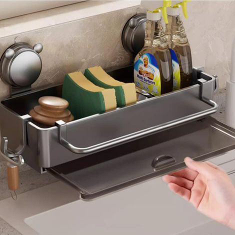Porte Eponge Evier de Cuisine avec Ventouses sans Traces, Plastique Support Eponge Bac de Récupération, Montage Mural pour Accessoires de Cuisine (Gris)
