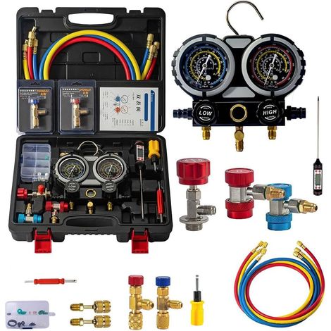 Réfrigérant Manifold Gauge Set, Ensemble de manomètres pour climatisation,Manomètre pour Réfrigérant Automobile,avec 3X 1,5m de Tuyaux, pour la Charge de Réfrigérant AC de Voiture (1/5)