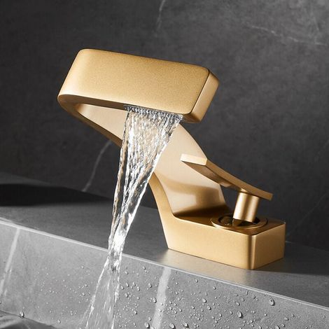 Modern Waterfall Bathroom Faucet Single Handle Mixer Tap Brass Bathroom Faucet Satin Gold (With Hose) MUMU (1/4)