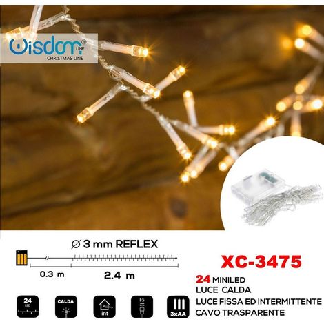 TRADE SHOP - Catena 24 Led A Batteria Cavo Trasparente Luce Calda Fissa+intermittente Xc-3475 -