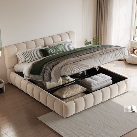 lit adulte rangement 140x190 hydraulique velours beige OKMYHOME (1/5)