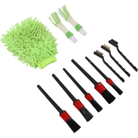 Set de 11 brosses de nettoyage auto détaillant intérieur extérieur plastique jantes essuie-glaces vitres pare-brise vert (1/5)