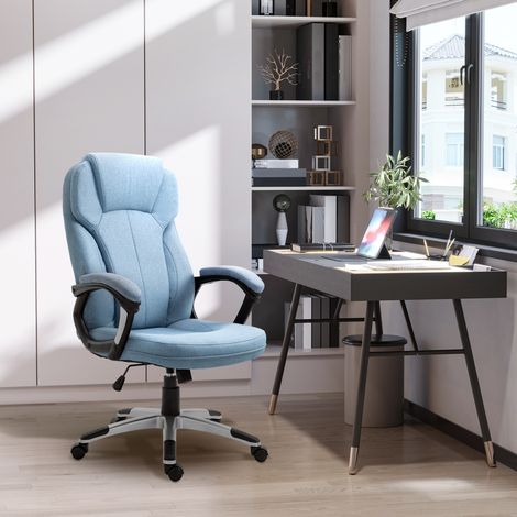 Bürostuhl ergonomisch aus Leinen, hellblau, hoher Rückenlehne, 360° drehbar, H 110-120 cm (1/5)
