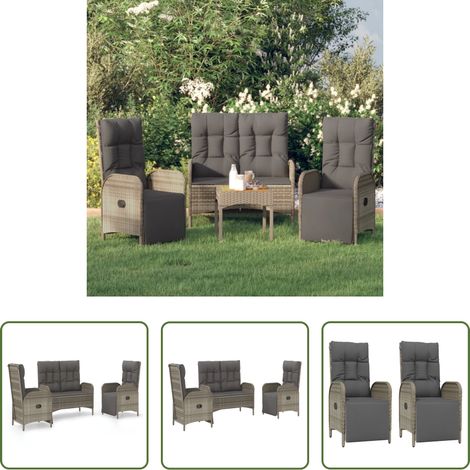 Gartensessel - 3-tlg. Garten-Essgruppe mit Kissen Grau Poly Rattan (1/5)