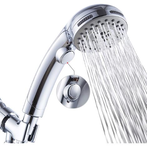 Pommeau de Douche Chromé avec Bouton Stop Douchette à Main 5 Jets au Choix Pomme Picots Anticalaire Type Universel (1/5)