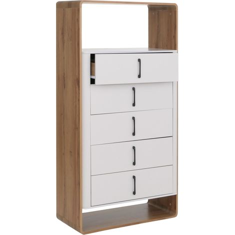 Highboard HHG-816, Hochschrank Sideboard Kommode, 5 Schubladen MDF 155x80x41cm Wotan-Eiche-Optik, weiß