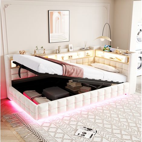 Divano letto/lettino per bambini 90x200 cm con vano contenitore idraulico, illuminazione a LED, porte USB e Type-C, velluto beige (1/5)