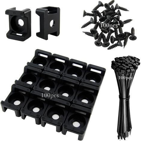 Lot de 100 serre-câbles - 21,5 x 16 mm - Avec trous de vis - Serre-câbles en nylon de 150 mm et vis - Pour socle, mur ou bureau - Noir (1/5)