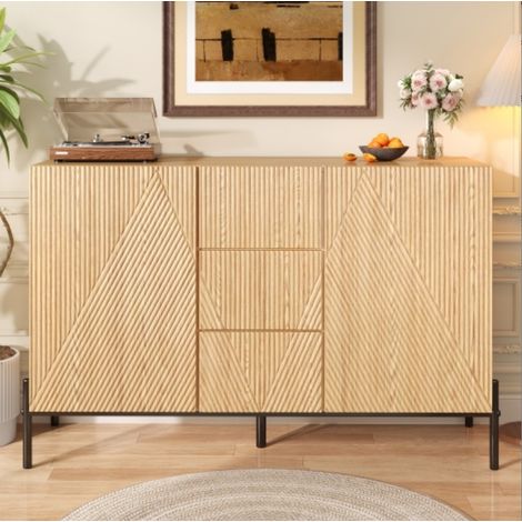Buffet - Rangement - 115,5x40x76 cm - 2 portes et 3 tiroirs façade géométrique - Bois, MDF - Bois naturel (1/5)