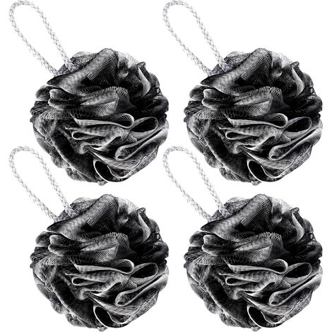 4 Pièces Fleurs de Douche,Éponge Fleur de Bain,Eponge de Douche,Fleur de Douche Lavable,Eponge Douche Corps pour Femmes Hommes,Maille Douce,pour Exfolier La Peau Nettoyer La Peau Apaisante(Noir)