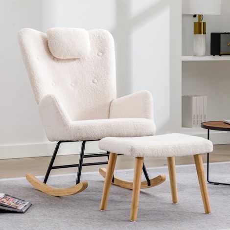 Fauteuil à bascule blanc en tissu teddy doux avec coussin cervical et repose-pieds, charge max 100 kg (1/5)