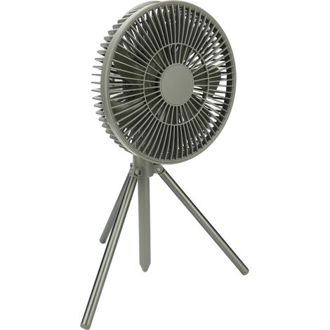 Ventilateur de camping trépied USB avec batterie rechargeable 10 000 mAh et veilleuse intégrée, vert olive.